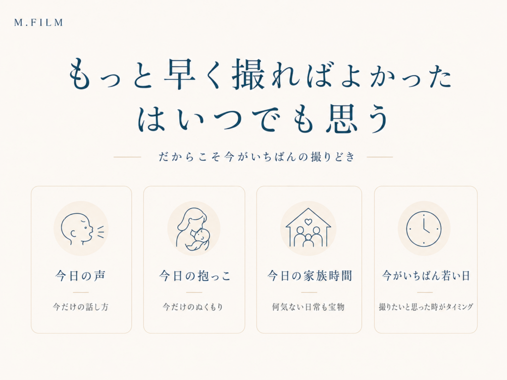 ファミリームービーは撮りたいと思った今がタイミングであることを伝える図解。今日の声、今日の抱っこ、今日の家族時間など、今しか残せない瞬間を紹介している。