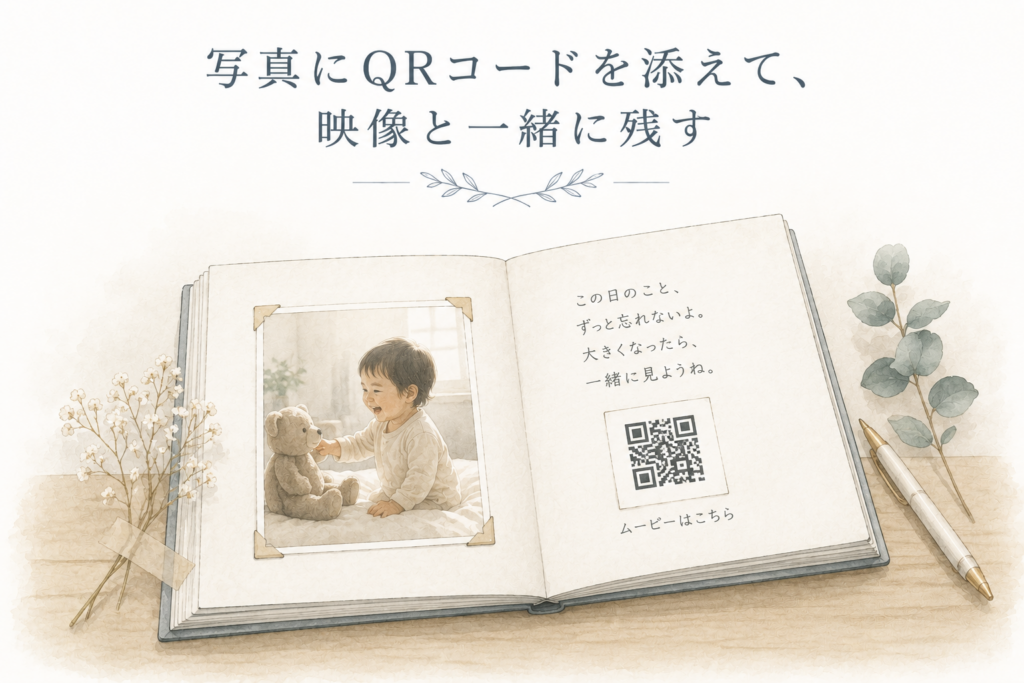 写真にQRコードを添えて、映像と一緒に残すイメージ画像