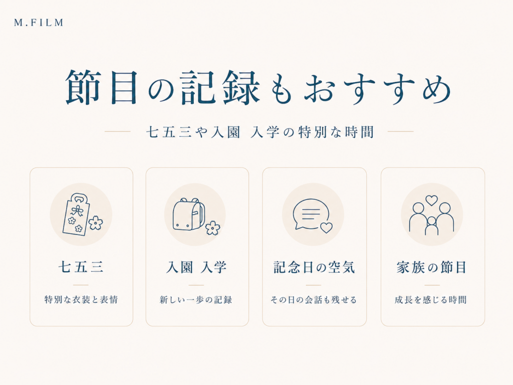 七五三や入園・入学など、子どもの成長の節目にファミリームービーを残す魅力をまとめた図解。特別な衣装や記念日の空気、家族で迎える時間を紹介している。